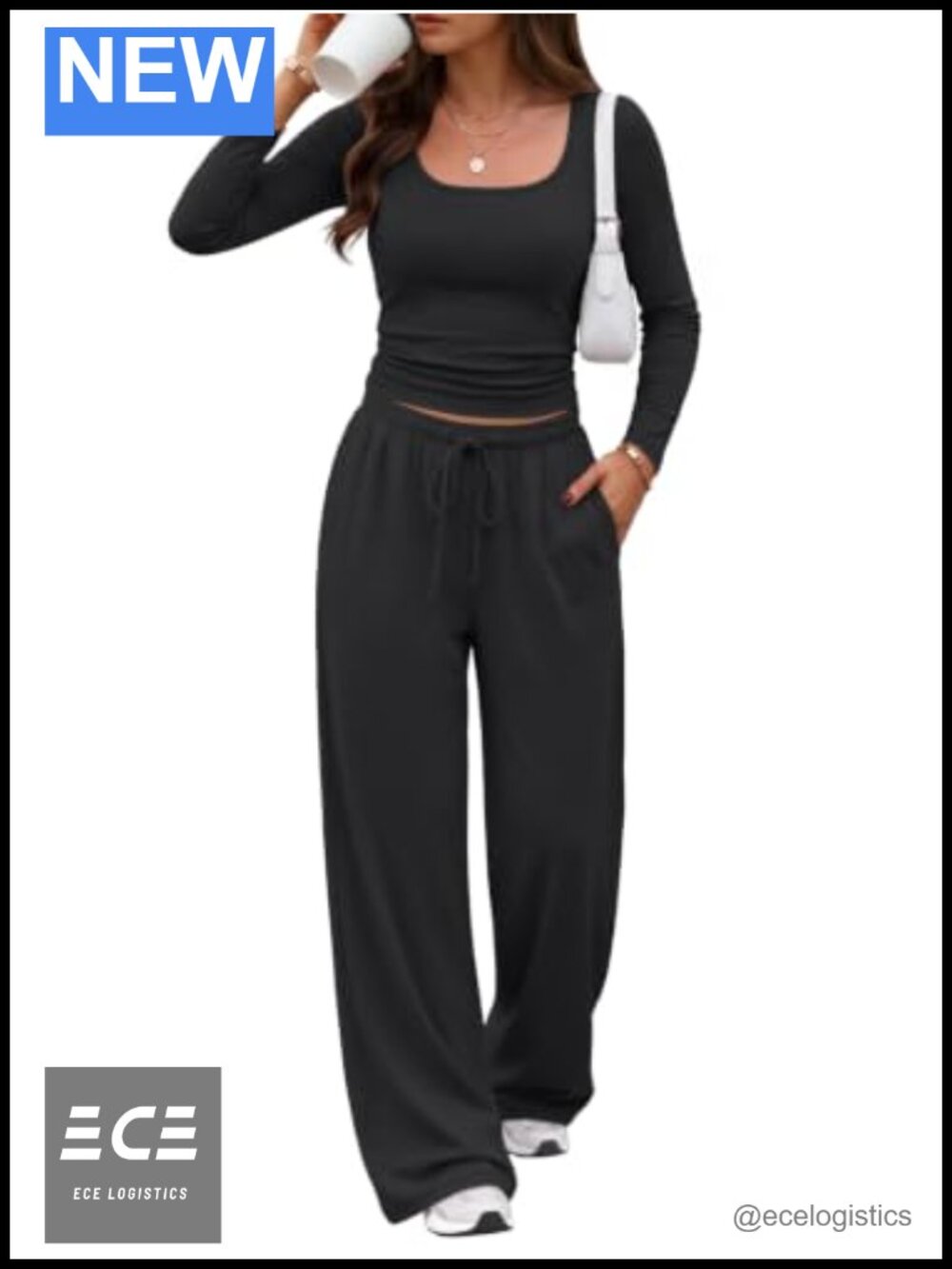 2 Piece Lounge Set Scoop Neck Cropped Top Wide Leg Pants Travel Outfit